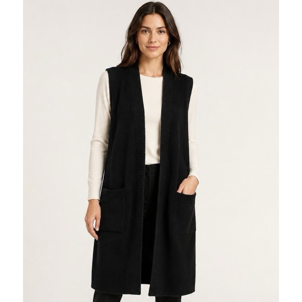 Cyrus Womens S Black Long Duster Sweater Vest Open Front Pockets NWT